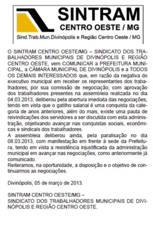 O SINTRAM CENTRO OESTE/MG – SINDICATO DOS TRABALHADORES MUNICIPAIS DE DIVINÓPOLIS E REGIÃO CENTRO OESTE, COMUNICA que: sintram - comunicado original - 300